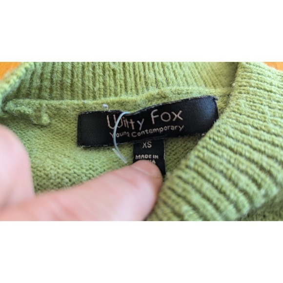Witty Fox Smiley Face Sweater Trendy Knit Pullover Green‎ XS - Picture 8 of 8